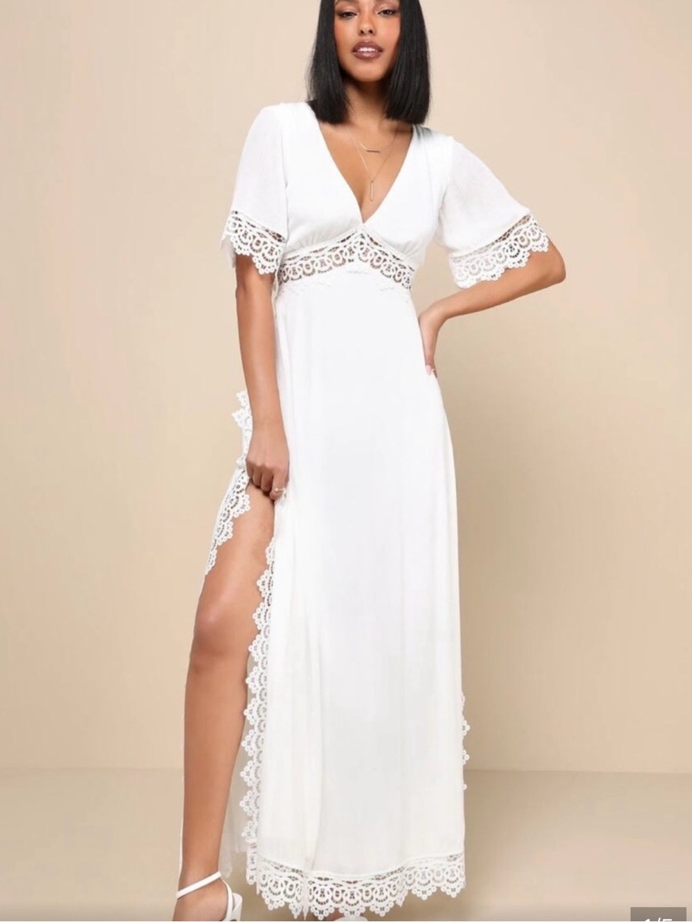Lulu's White Textured Maxi Dress with Lace Trim NWT